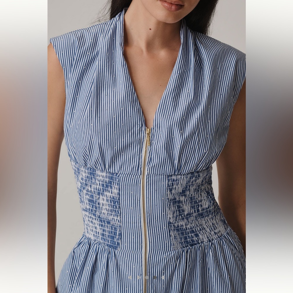 Anthropologie Front Zip Midi Dress Tommie Cap Sleeve Smocked New 1X Blue Stripe
